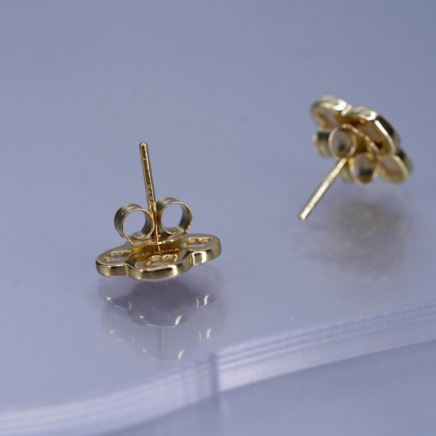 vermeil gold over Sterling 925 silver handmade lucky clover earrings, studs MOP