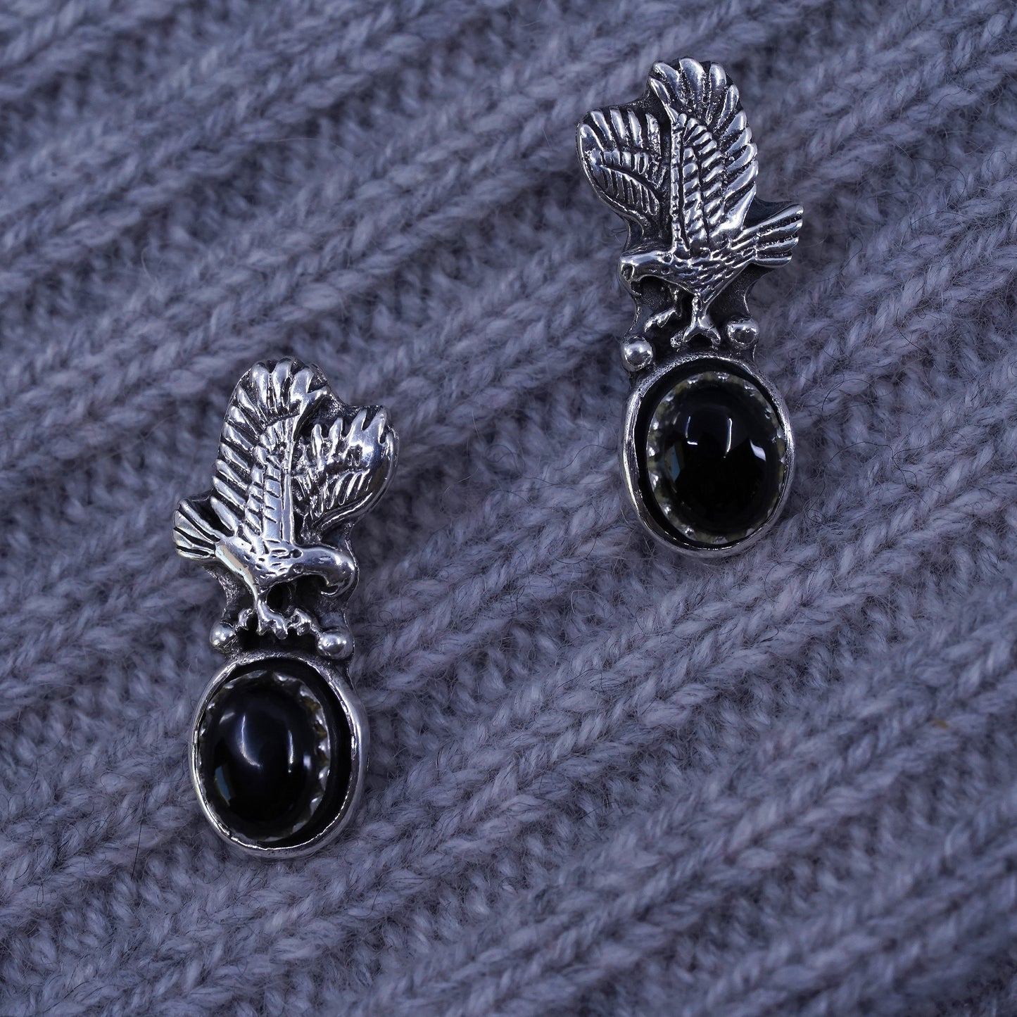 Native American Navajo Sterling silver handmade earrings, 925 eagle studs onyx