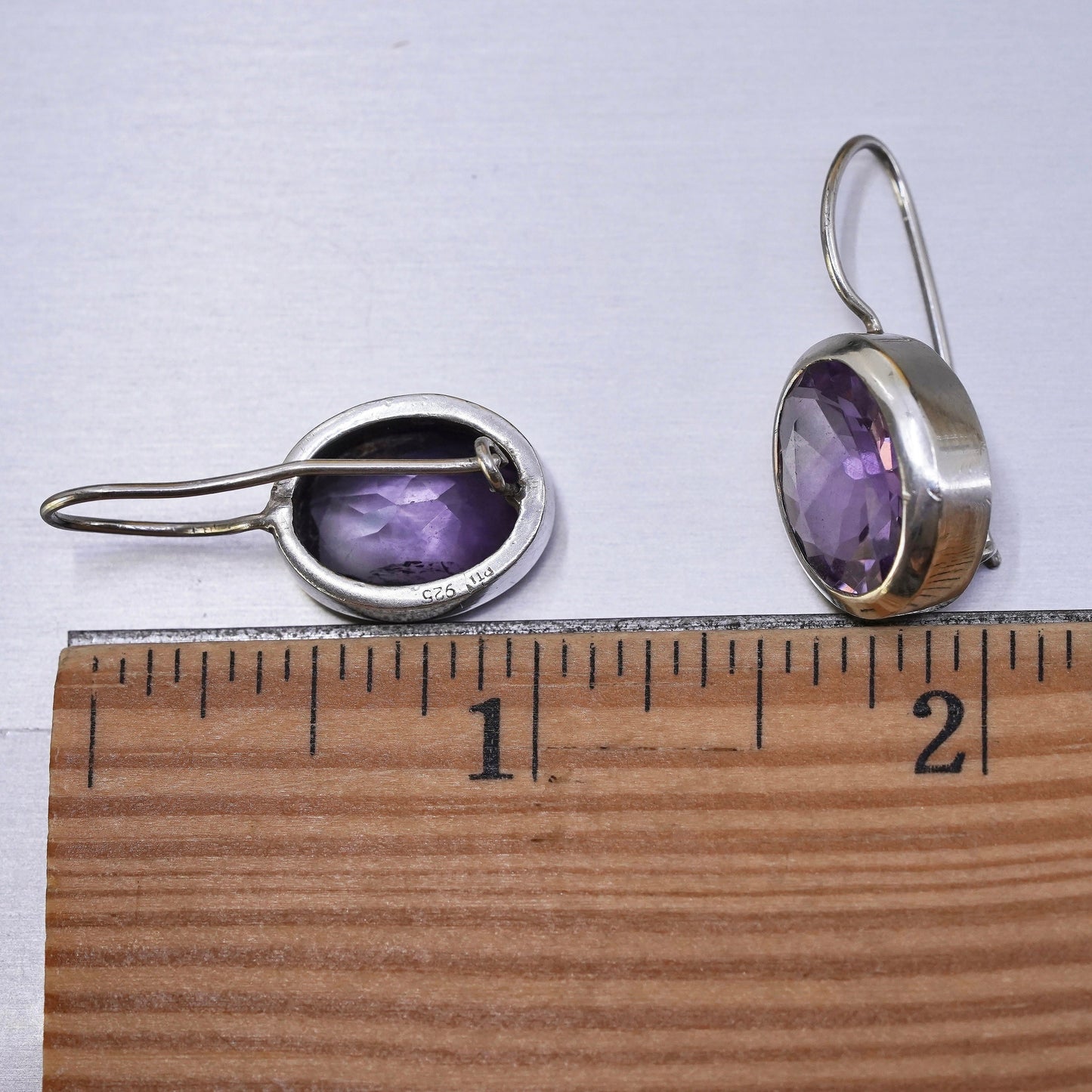 Vintage Sterling silver handmade earrings, 925 dangles with oval amethyst