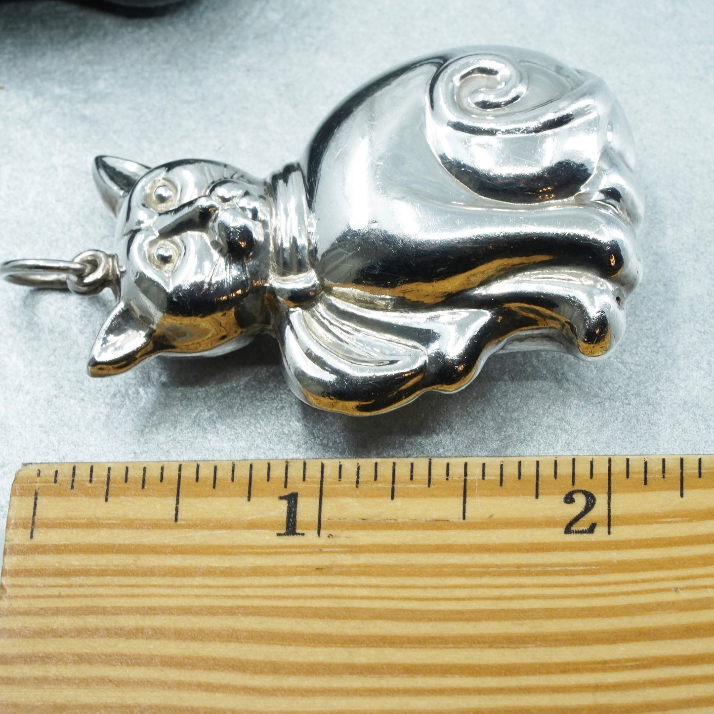 vintage Sterling silver handmade charm, 925 puffy cat kitty pendant