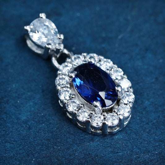 Vintage sterling 925 silver handmade pendant with sapphire and cz