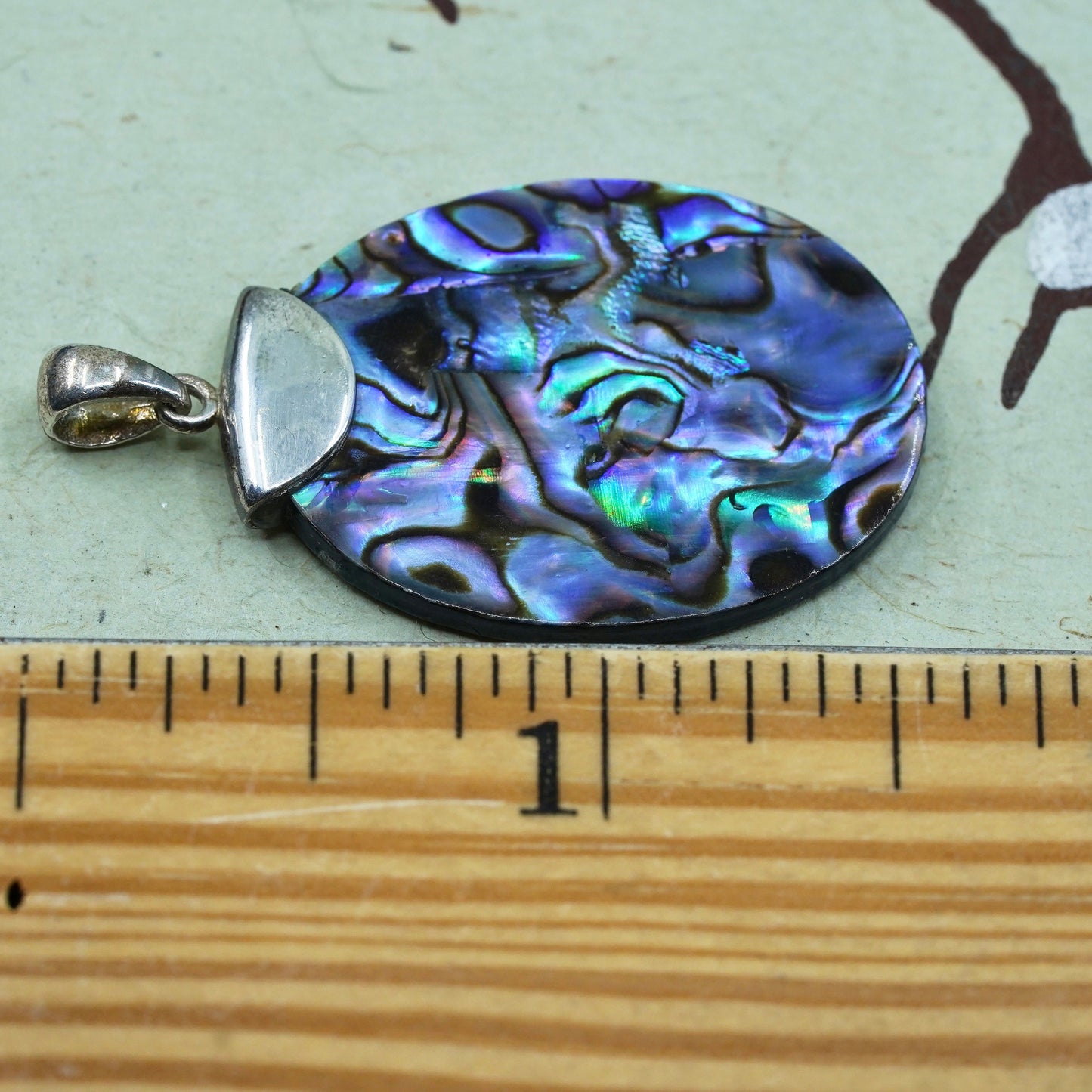 Vintage sterling 925 silver handmade oval pendant with abalone inlay