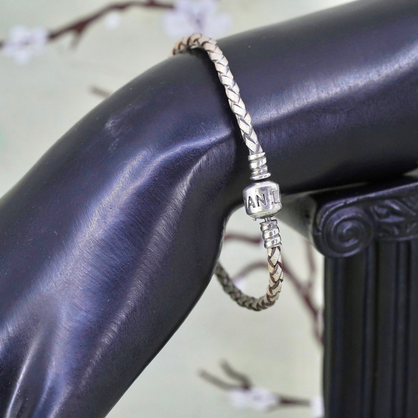 7.25", VTG Pandora woven leather chain, 925 sterling silver closure bracelet