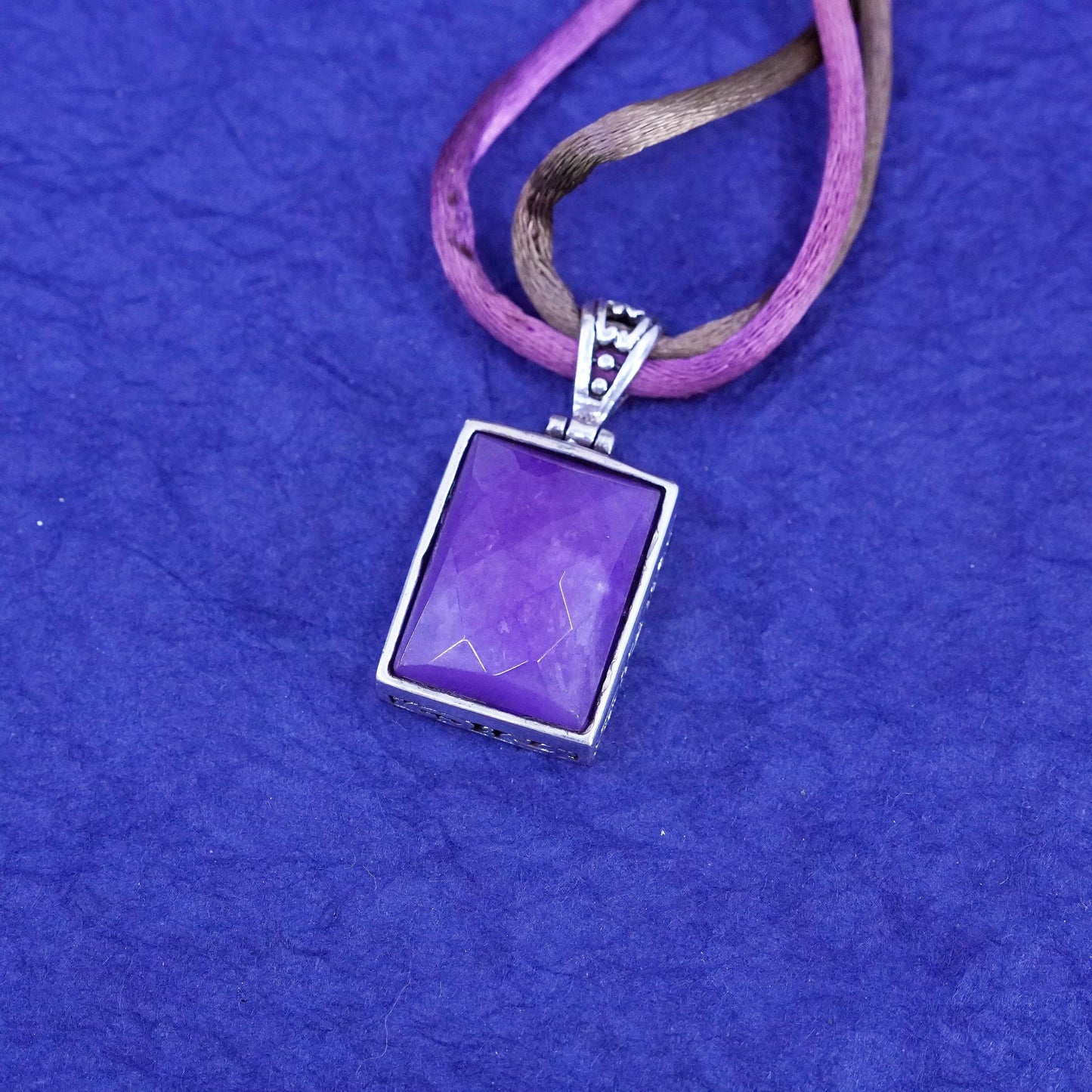 18+2”, Sterling silver 925 handmade necklace, silk chain with amethyst pendant