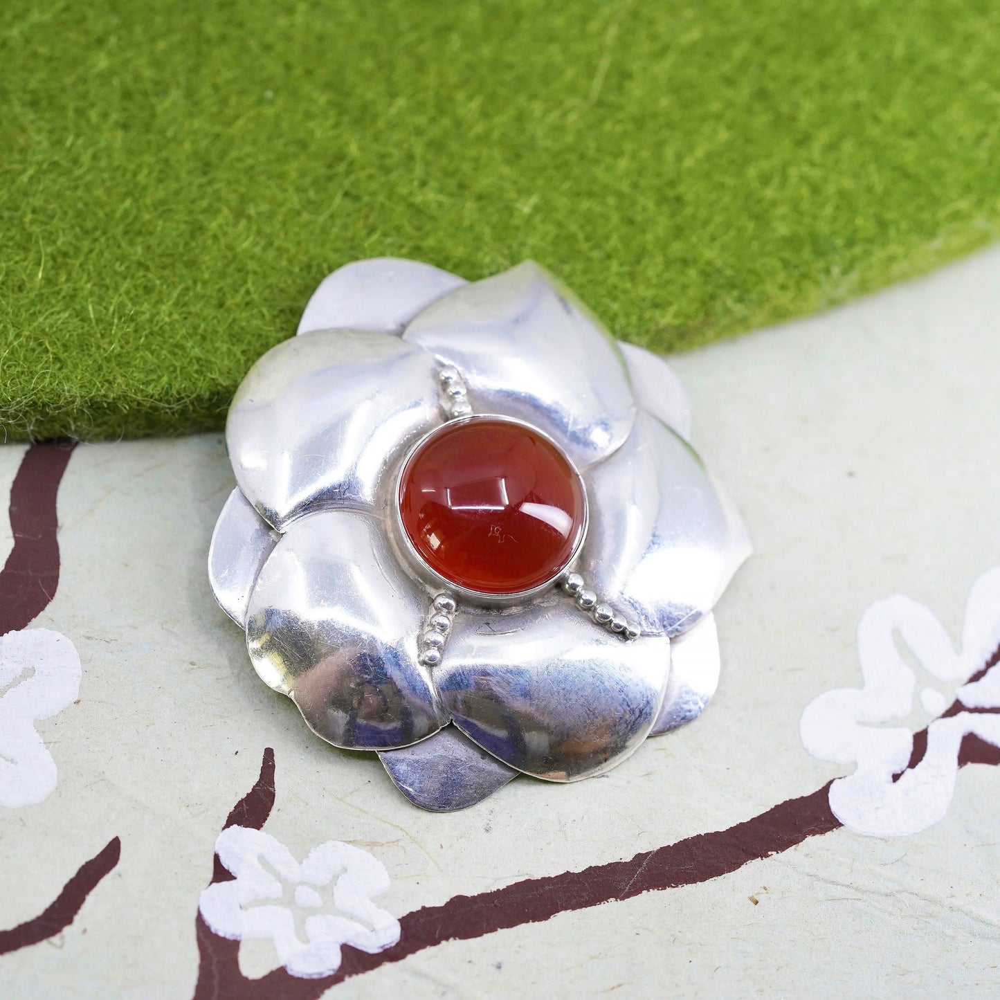 Vintage sterling silver handmade brooch, 925 flower with carnelian