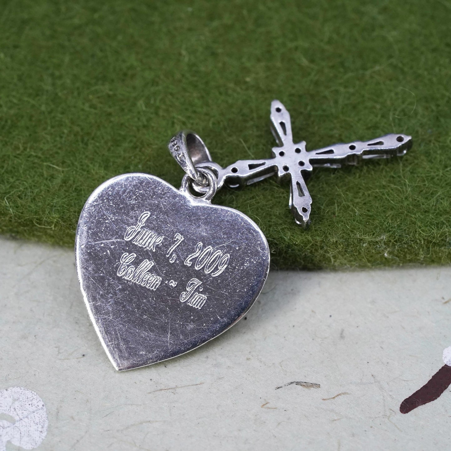 Vintage handmade Sterling silver pendant, 925 cz cross heart tag monogram “DRF”