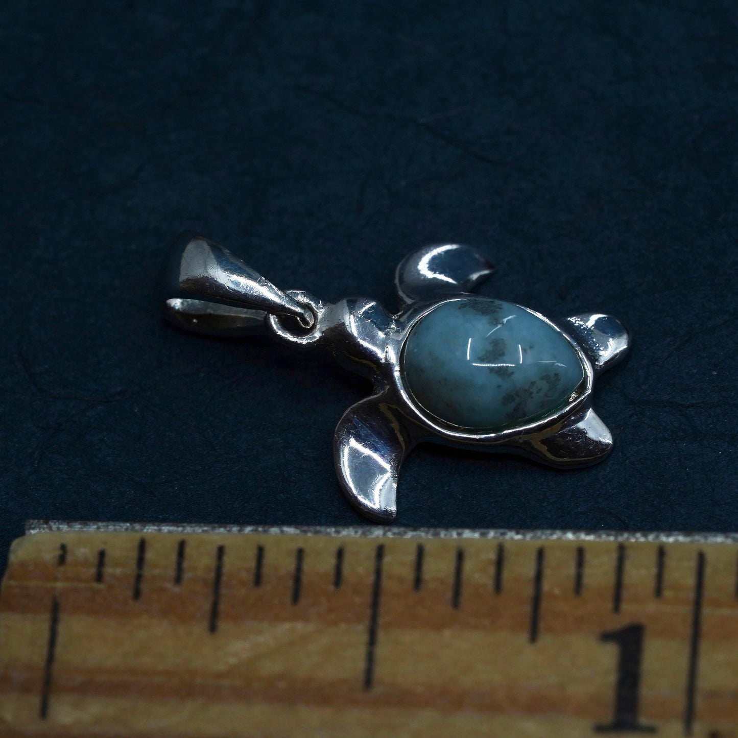 Vintage Sterling silver handmade pendant, 925 silver turtle with larimar inlay