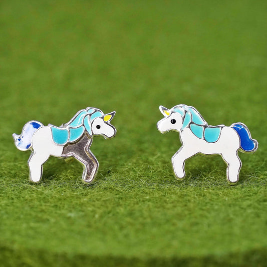 Vintage Sterling silver handmade earrings, 925 enamel unicorn studs