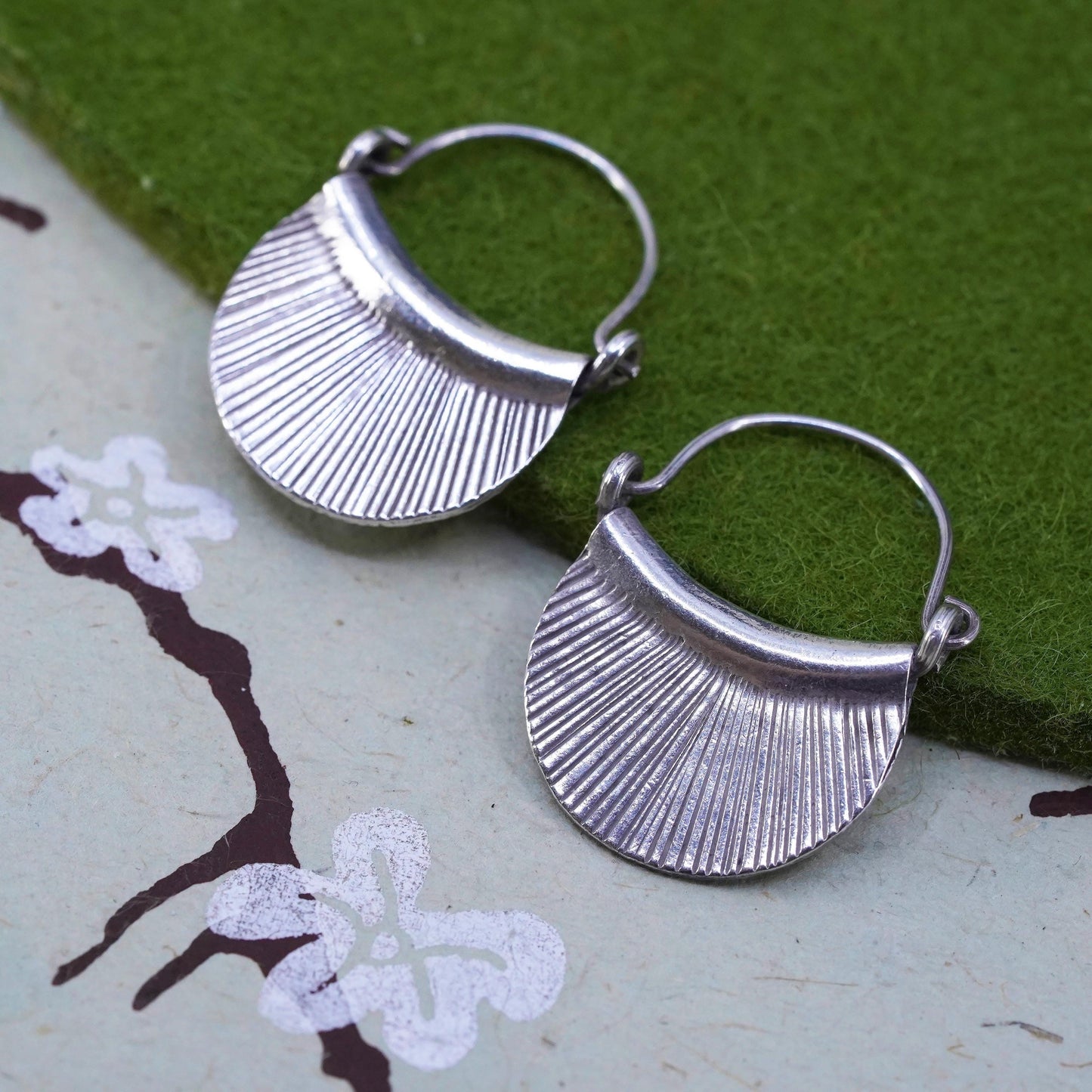 1" Vintage sterling silver handmade loop earrings, fan shaped primitive hoops