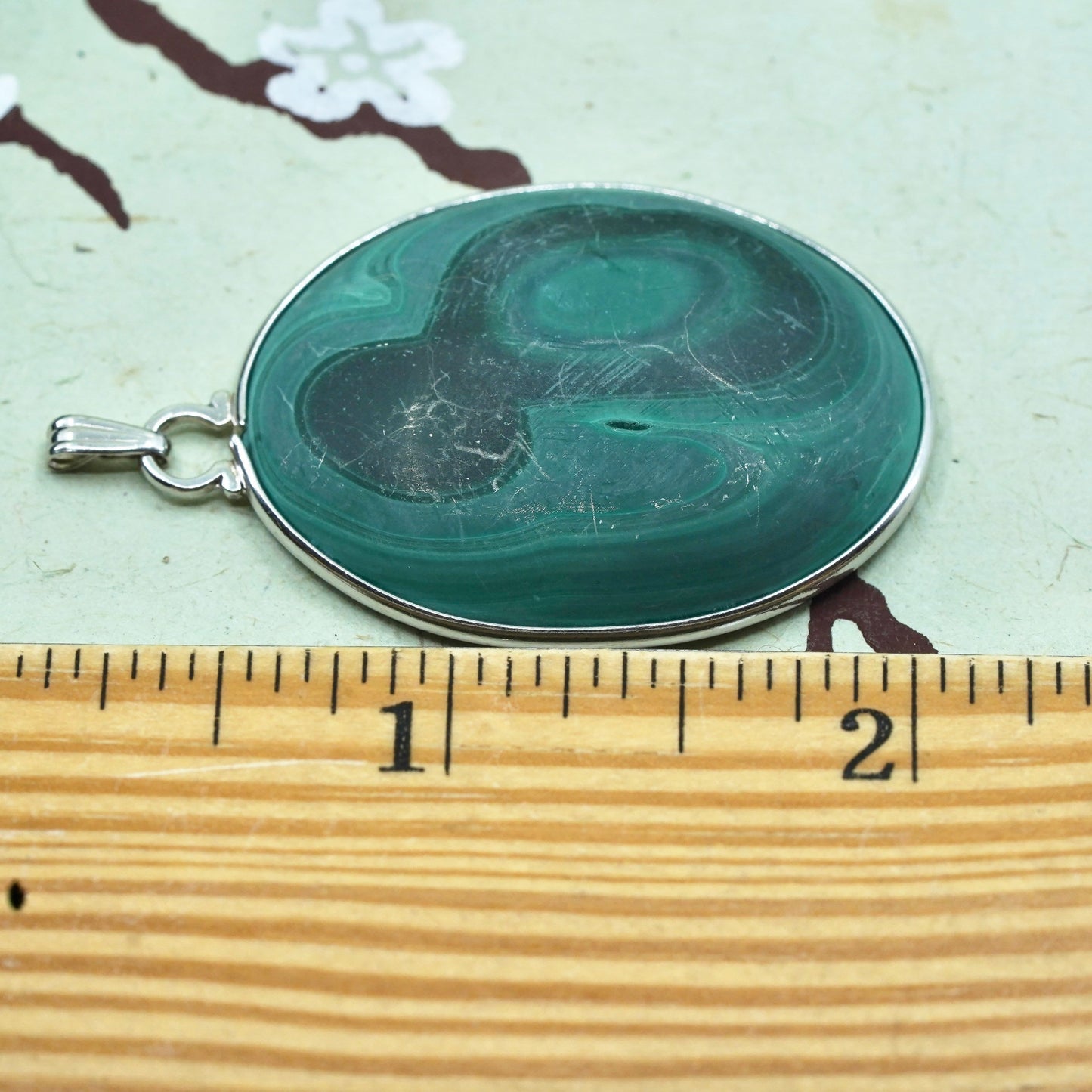 Vintage sterling 925 silver handmade huge pendant with oval malachite inlay