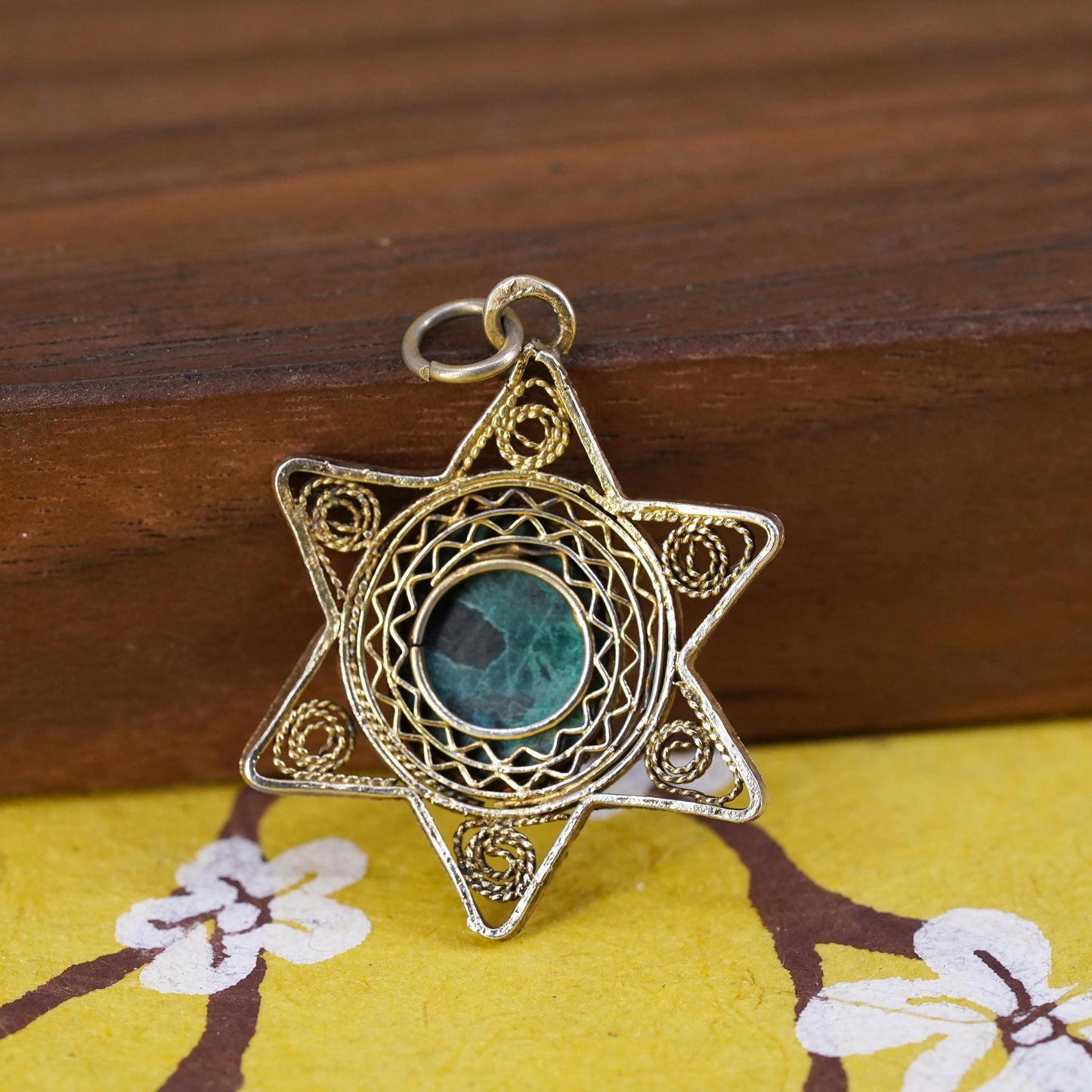 Vintage Sterling silver handmade pendant, 925 filigree hexagram oval turquoise