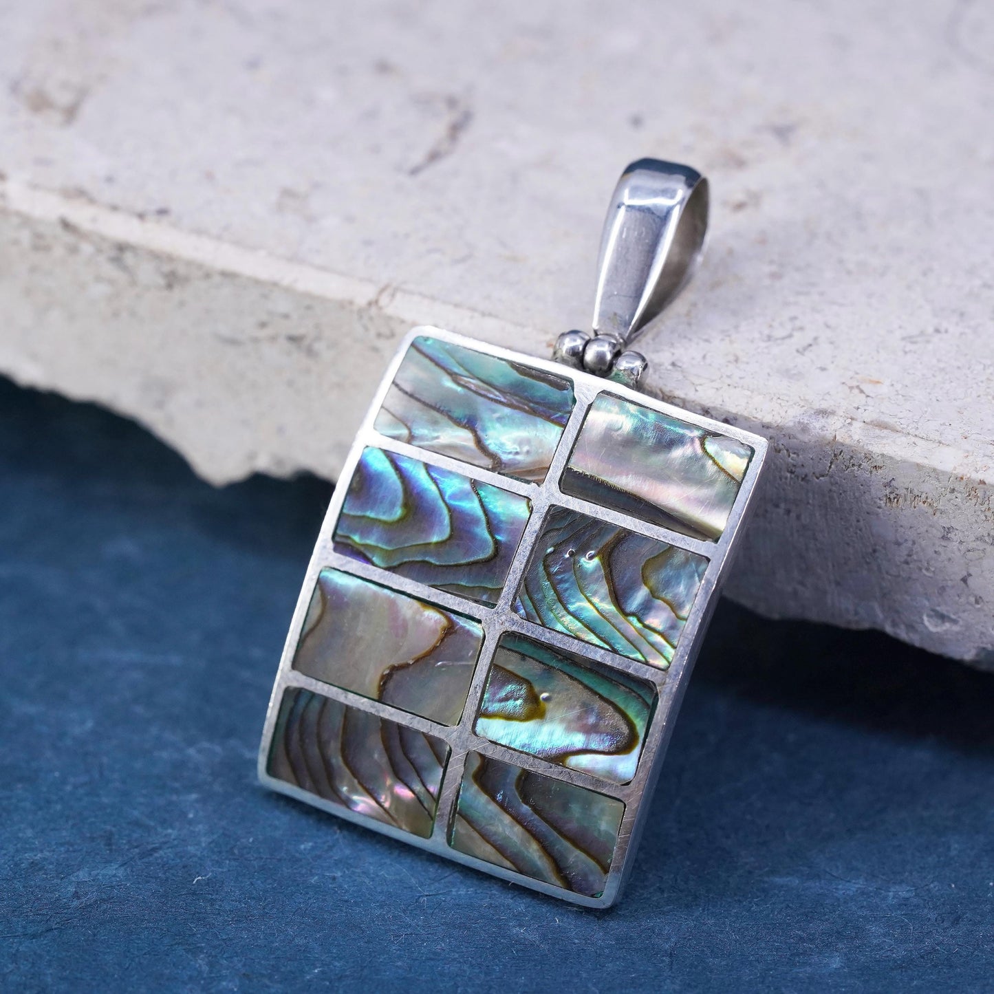 Vintage Sterling silver handmade pendant, 925 rectangle pendant with abalone