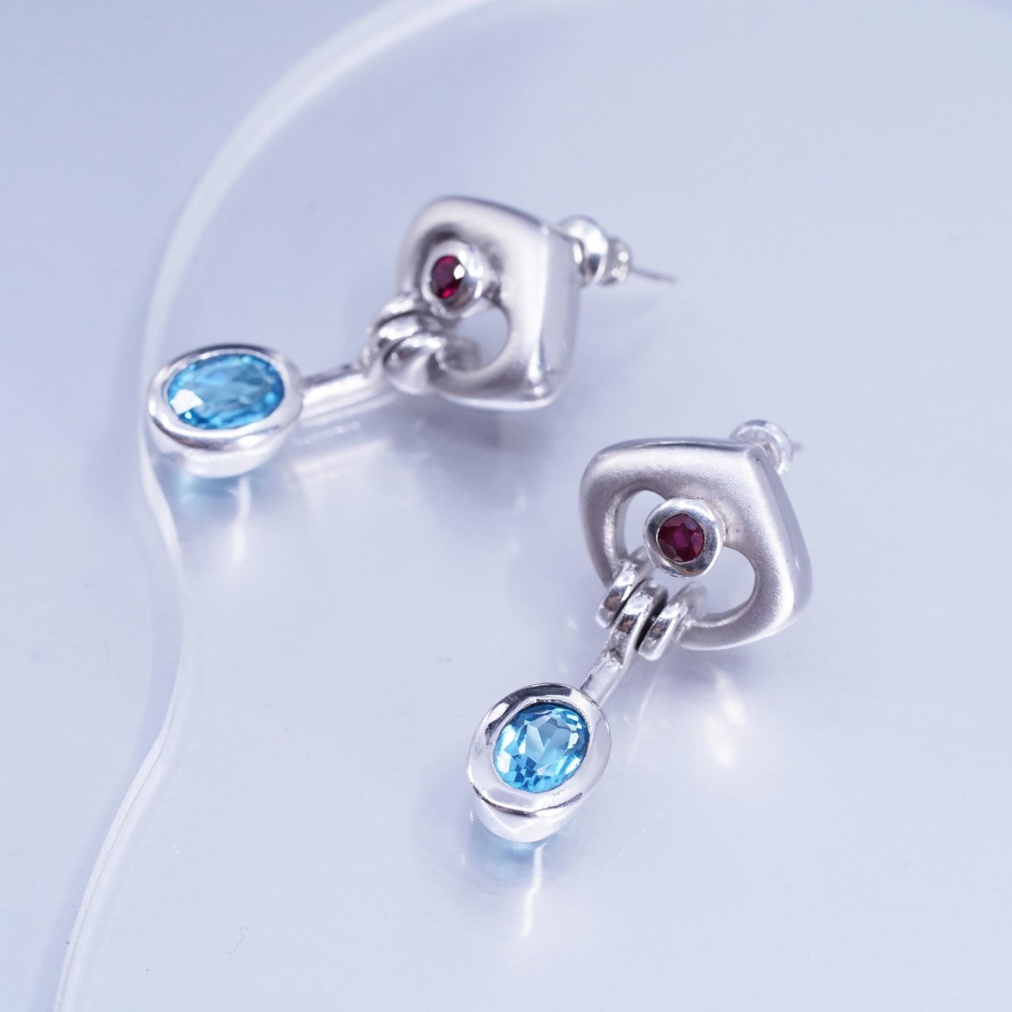 Vintage Sterling 925 silver handmade earrings with blue topaz and ruby