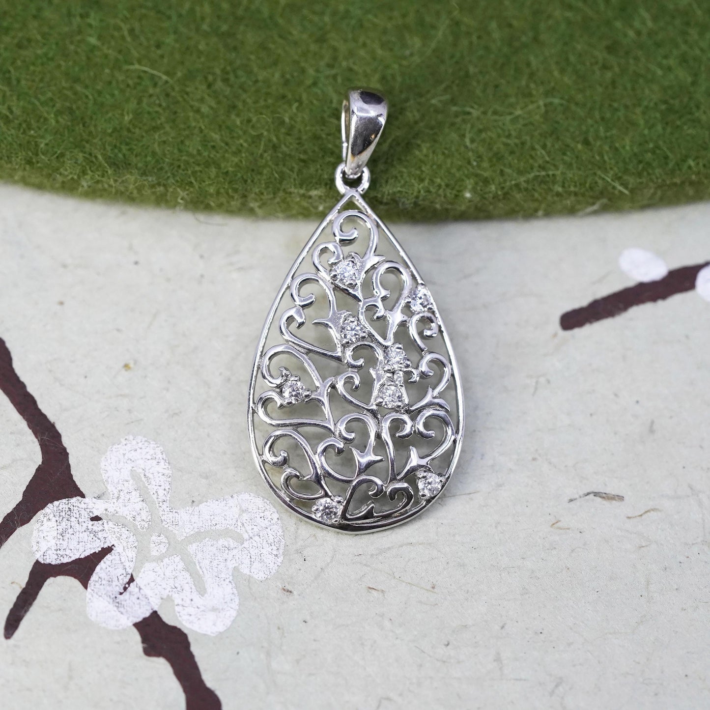 Vintage sterling silver pendant, 925 filigree teardrop with cz