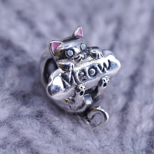 Vintage 925 Sterling Silver handmade kitty cat charm embossed “meow”