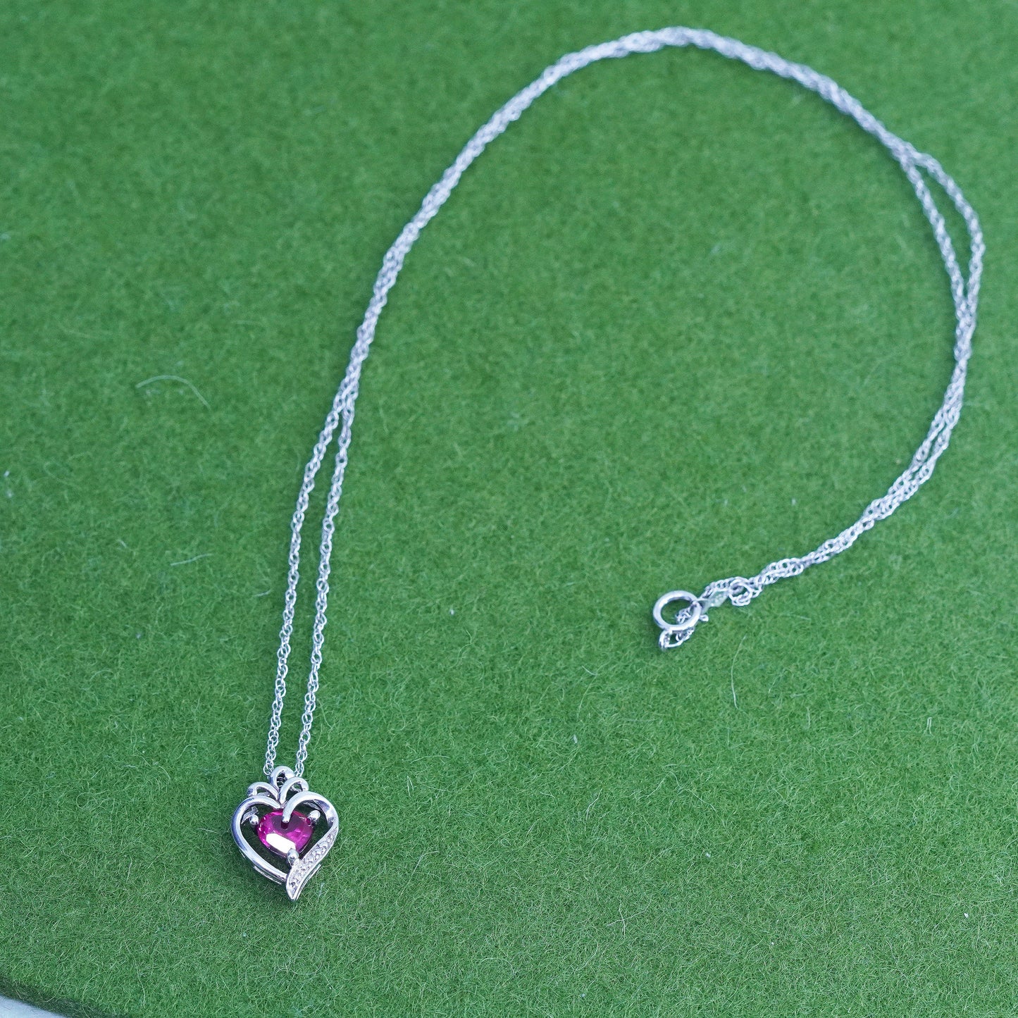 18", sterling silver necklace, 925 Singapore rope chain with ruby heart charms