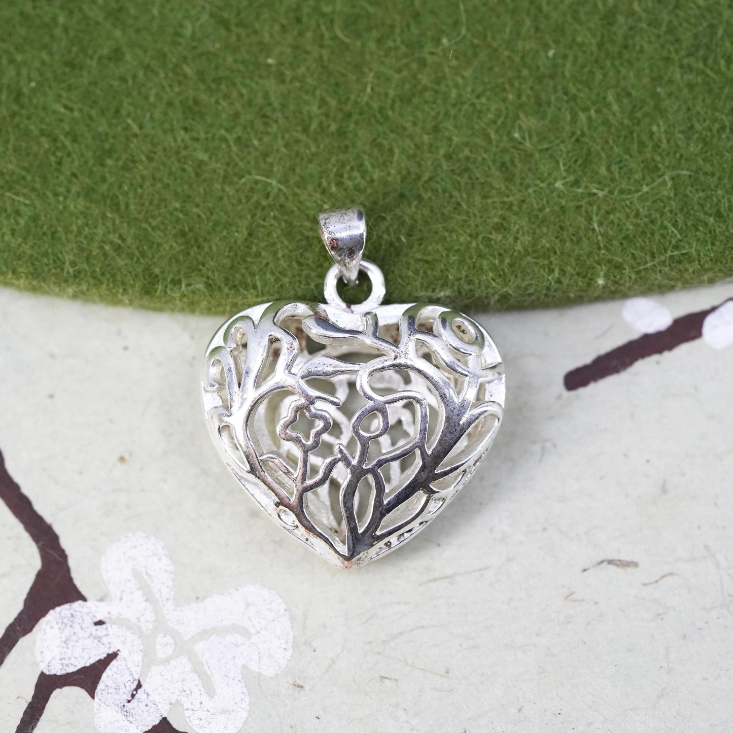 vintage sterling silver handmade pendant, 925 filigree heart