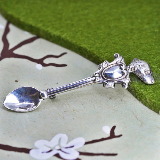 Vintage sterling silver handmade brooch, 925 dog spoon pin