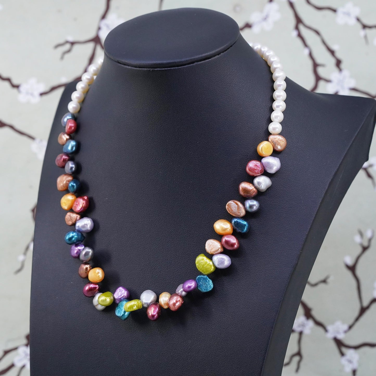 18”, Sterling 925 silver handmade necklace with cluster rainbow pearl beads