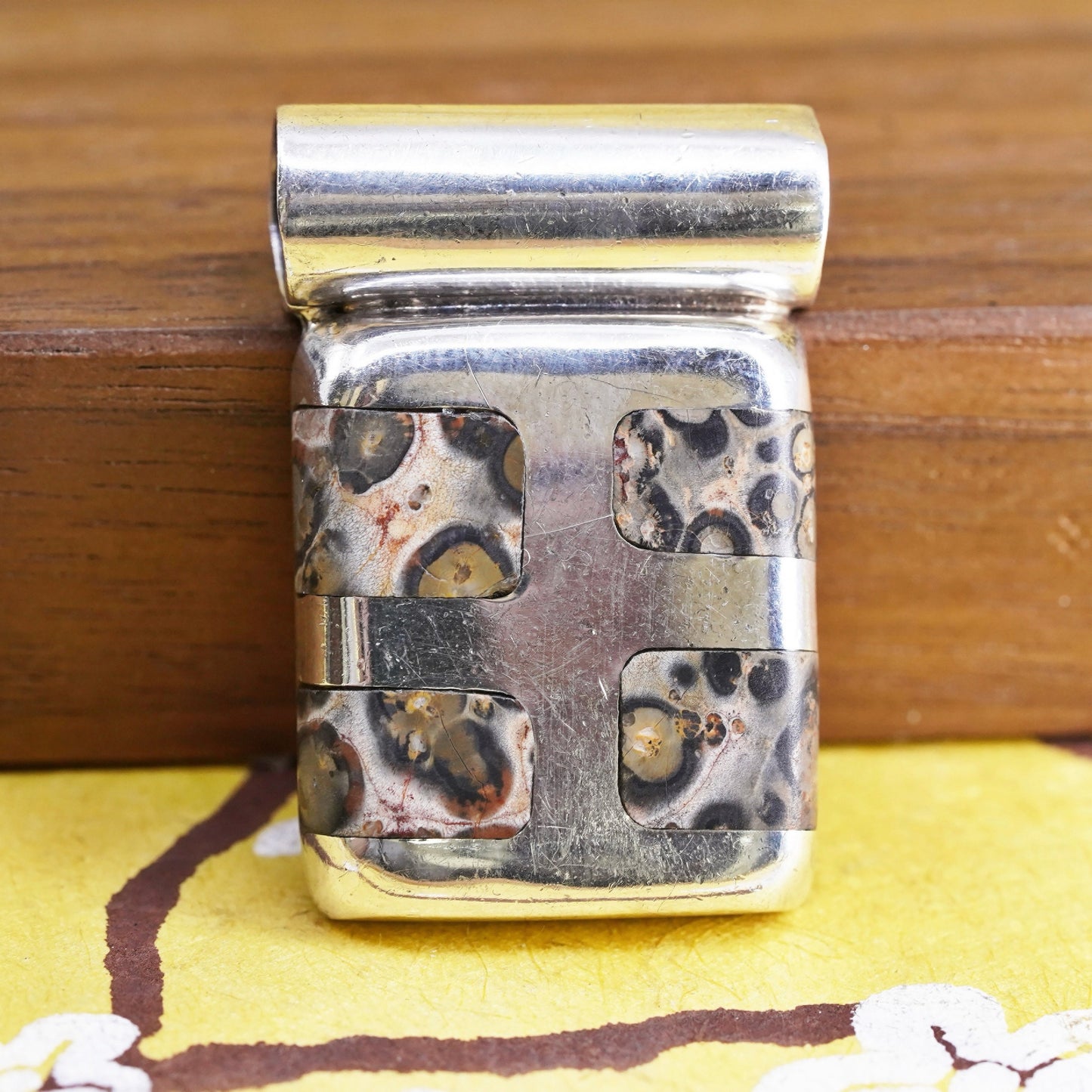 Vintage Sterling 925 silver handmade rectangular pendant with spotted jasper