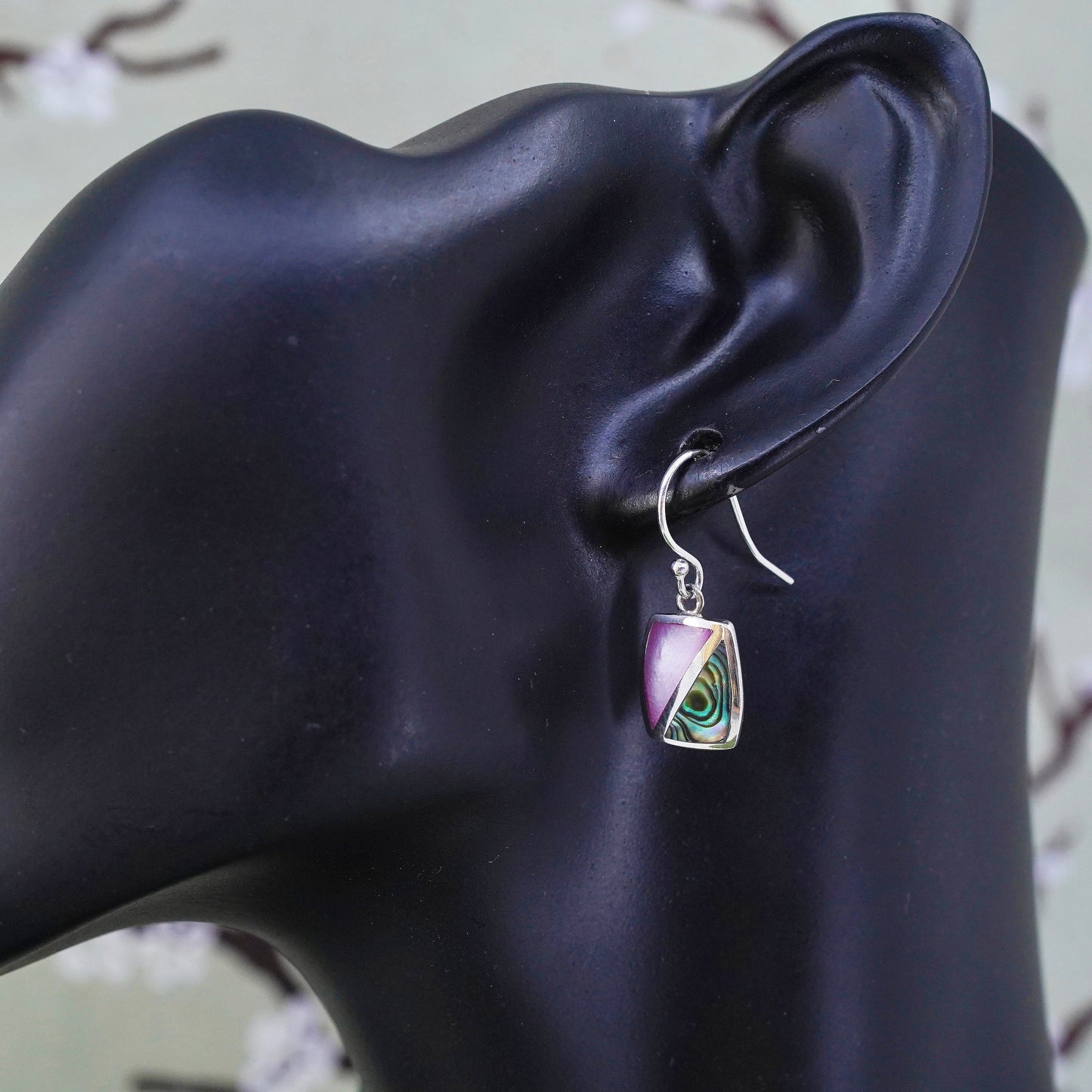 sterling silver earrings, 925 regtangular with abalone and pink mother of pearl