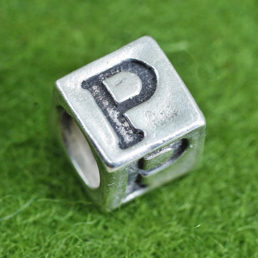 Vintage sterling silver handmade pendant, 925 cube charm engraved letter “P”