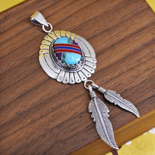 Vintage Sterling silver, zuni 925 slide pendant turquoise coral feather dangles