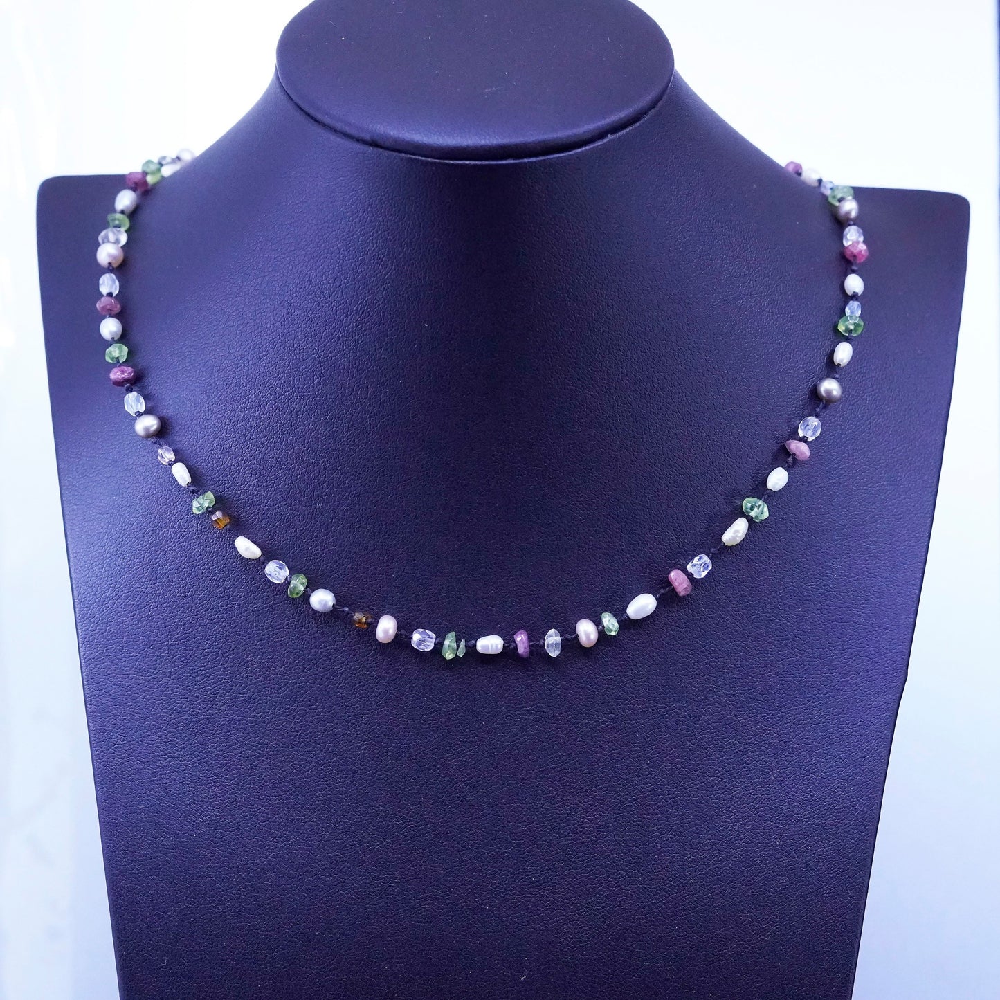 17”, Sterling silver 925 handmade Linen necklace pearl amethyst peridot beads