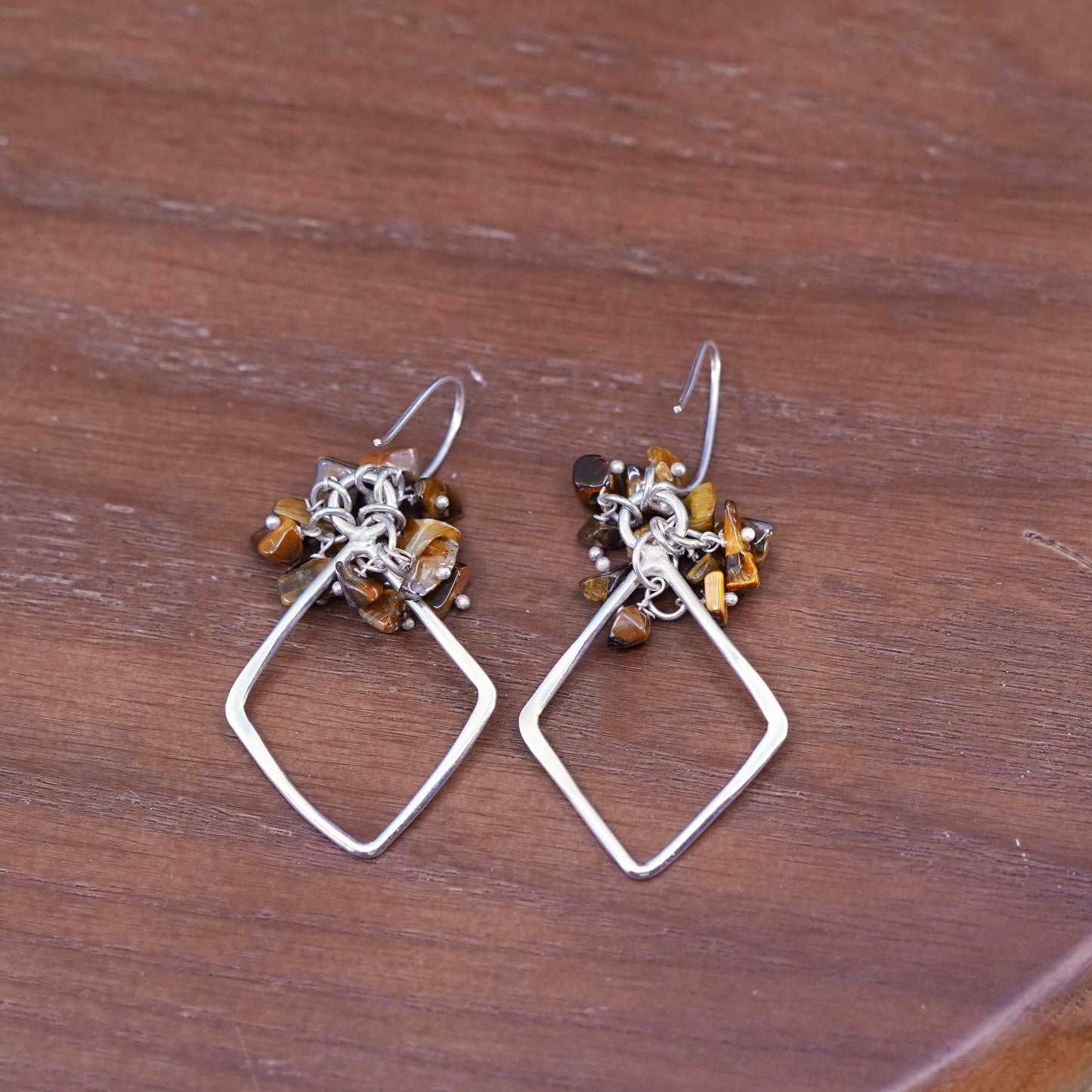 Sterling silver earrings, 925 diamond drops cluster golden tiger eye beads