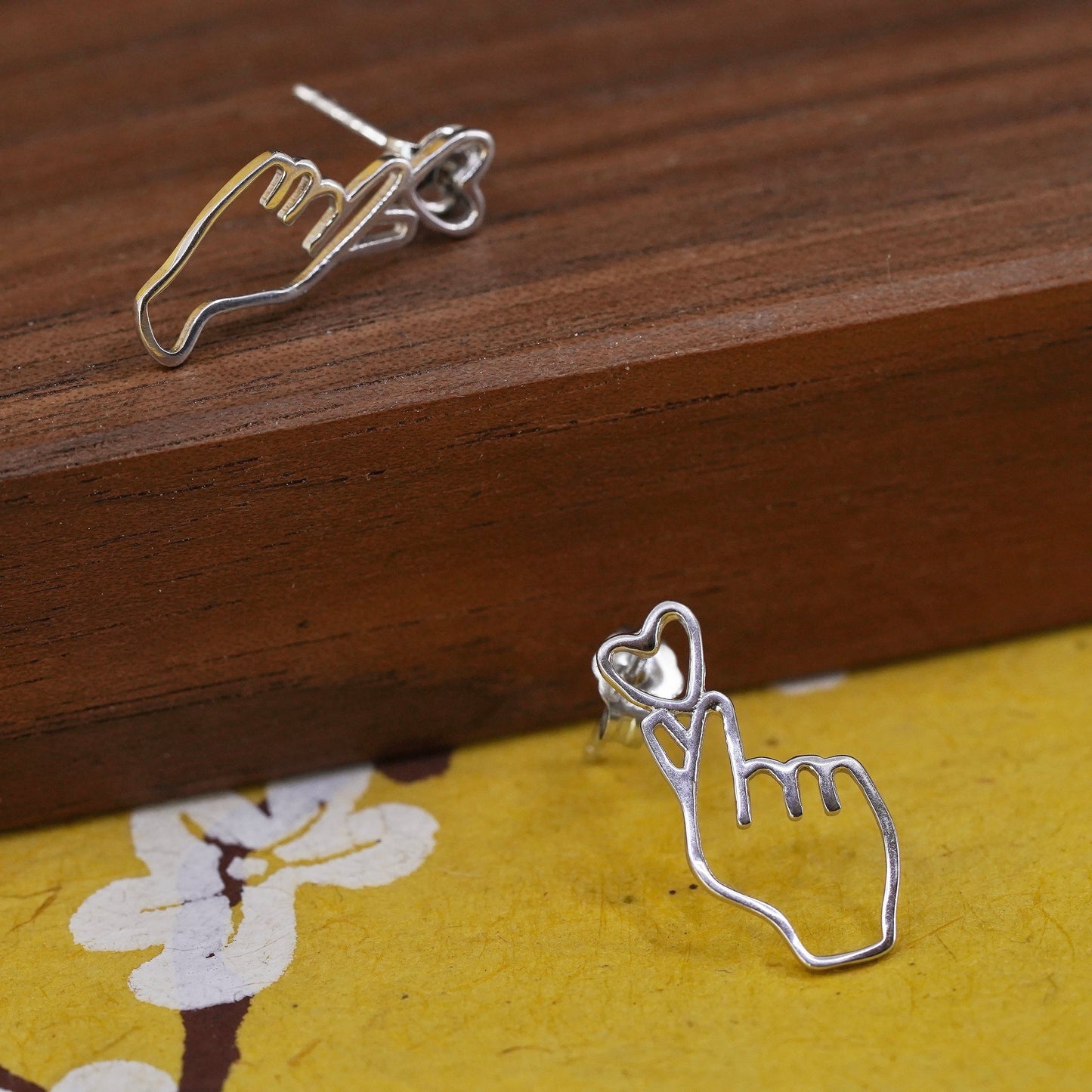 Vintage Sterling silver handmade earrings, 925 heart hand gesture studs