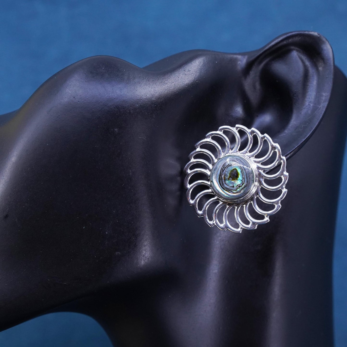 Vintage Mexican Sterling 925 silver handmade sun flower studs earrings abalone