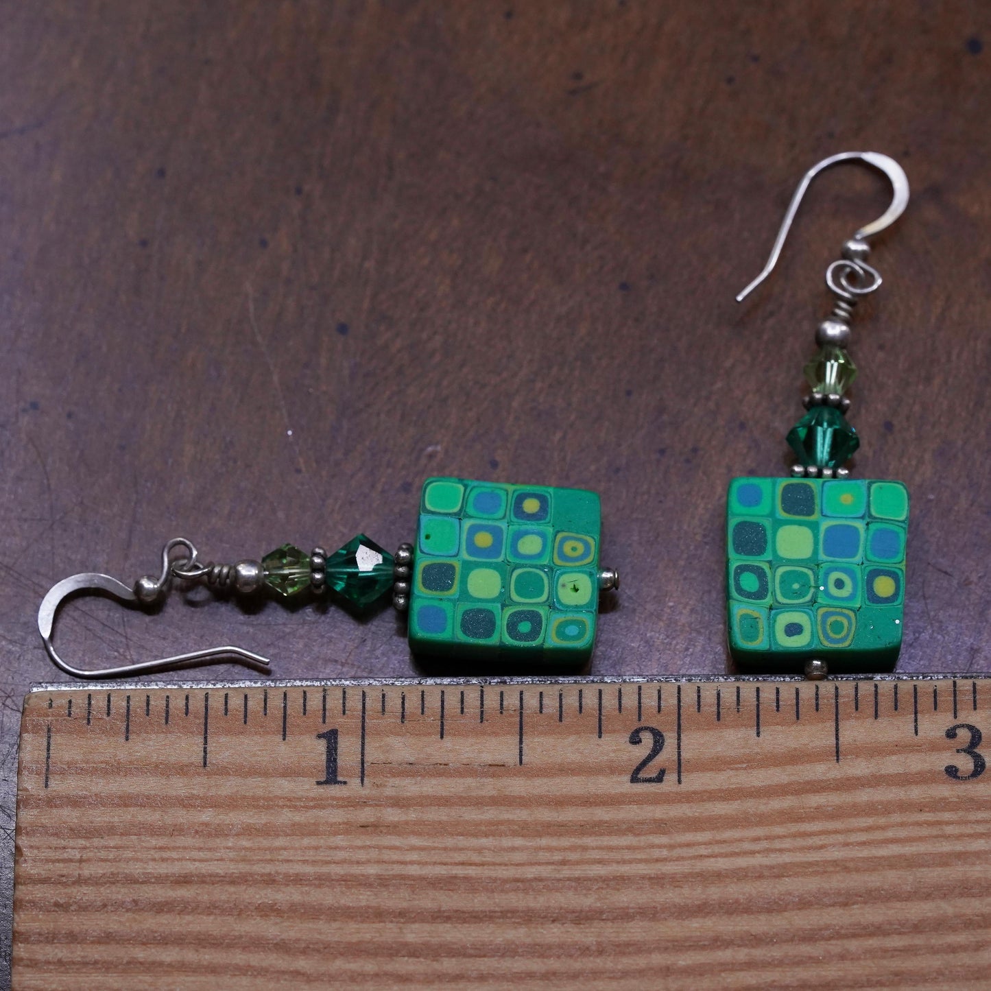 Vintage sterling 925 silver earrings with green square dangles