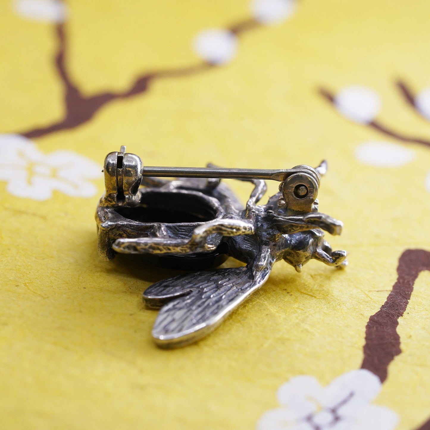 VTG handmade sterling silver brooch, Solid 925 silver bee marcasite obsidian