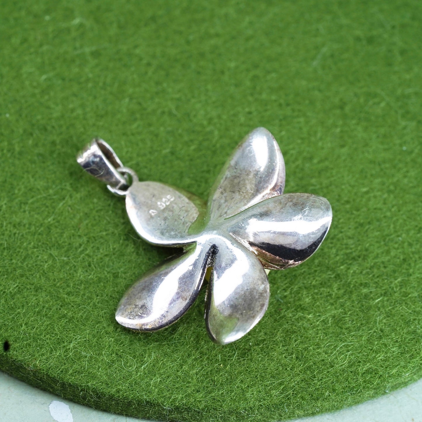 Sterling silver handmade pendant, glittering 925 plumeria flower charm pearl