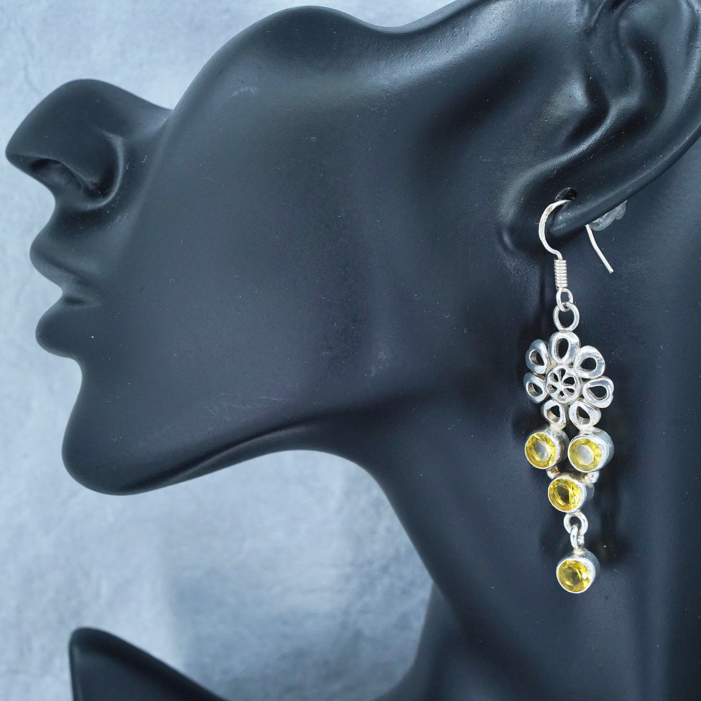 Vintage Sterling 925 silver handmade flower earrings with citrine