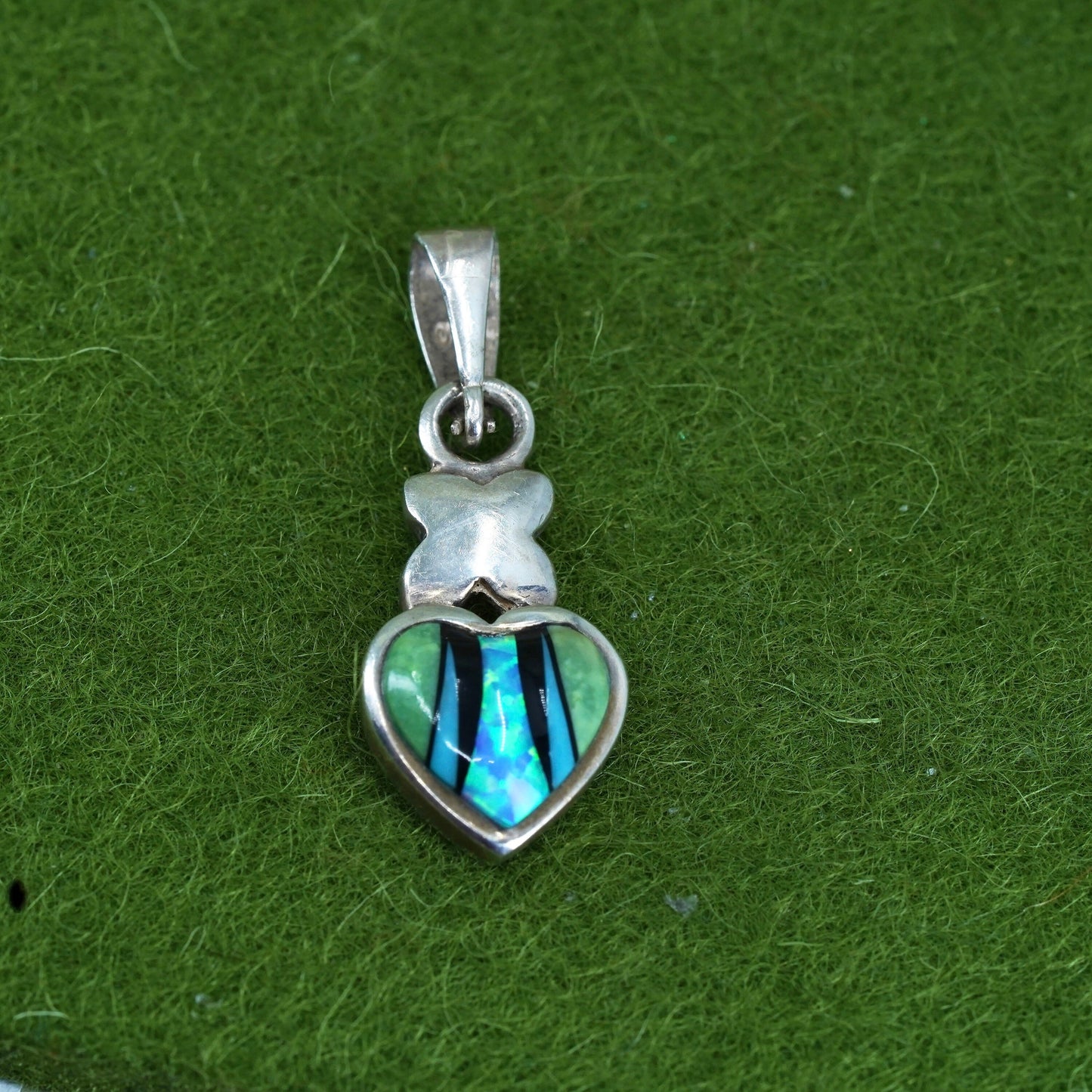 sterling silver handmade pendant, Mexico 925 heart with opal and turquoise