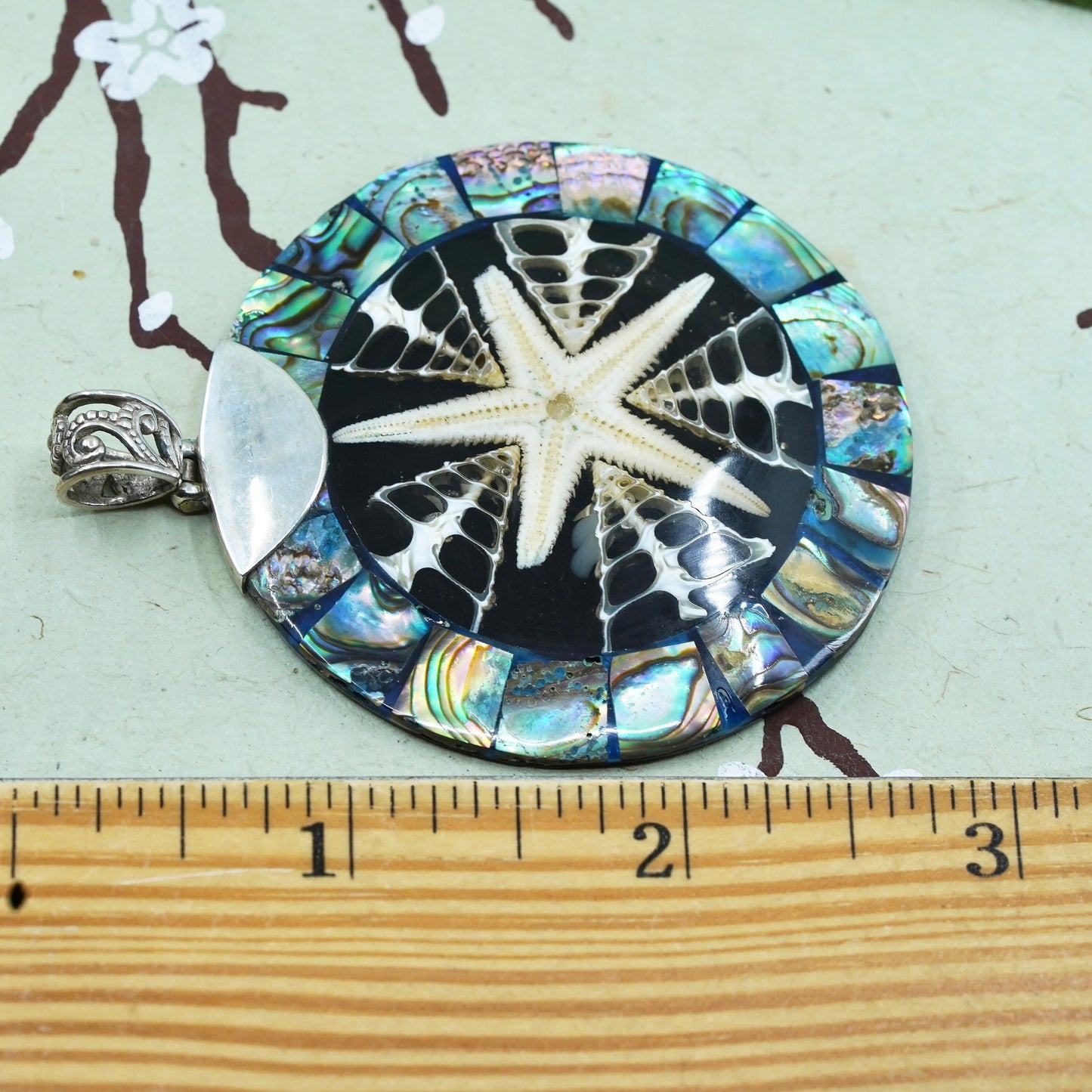 sterling silver 925 huge circle pendant with sand dollar fossil abalone inlay