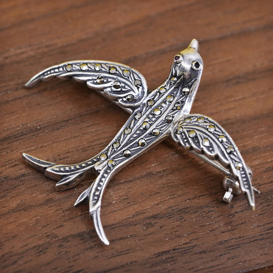 Vintage handmade sterling 925 silver swallow bird brooch with marcasite details