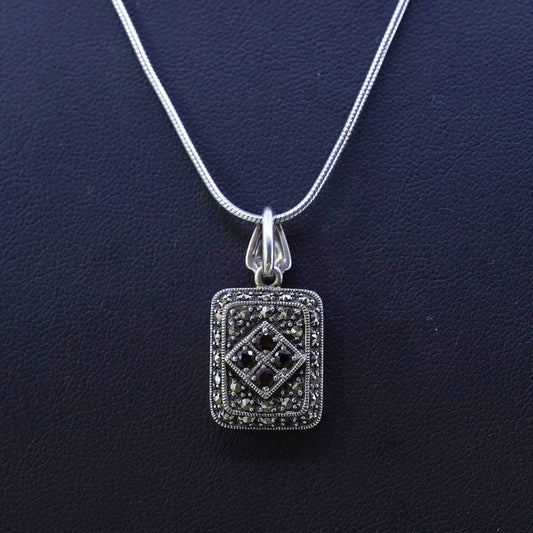 18", sterling 925 silver necklace, snake chain square marcasite garnet pendant
