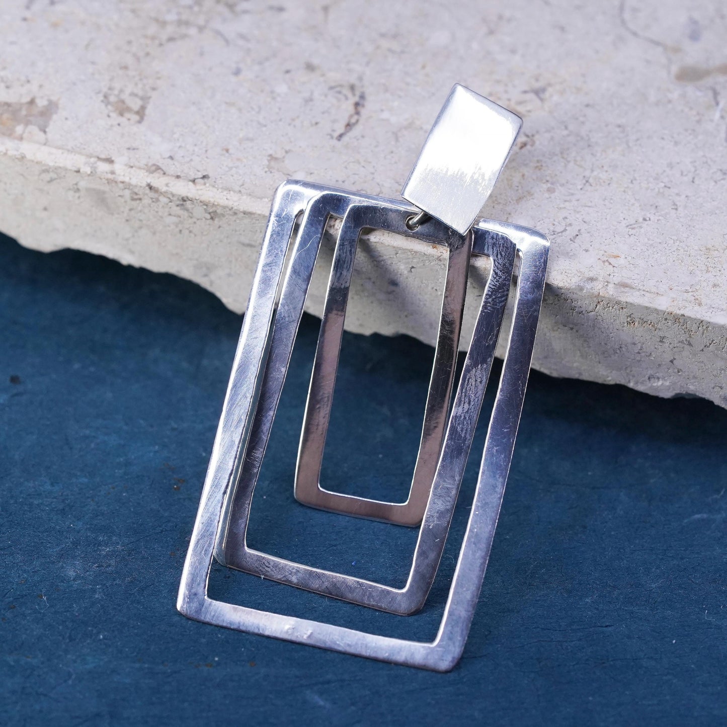 vintage Sterling silver handmade pendant, 925 triple rectangular pendant