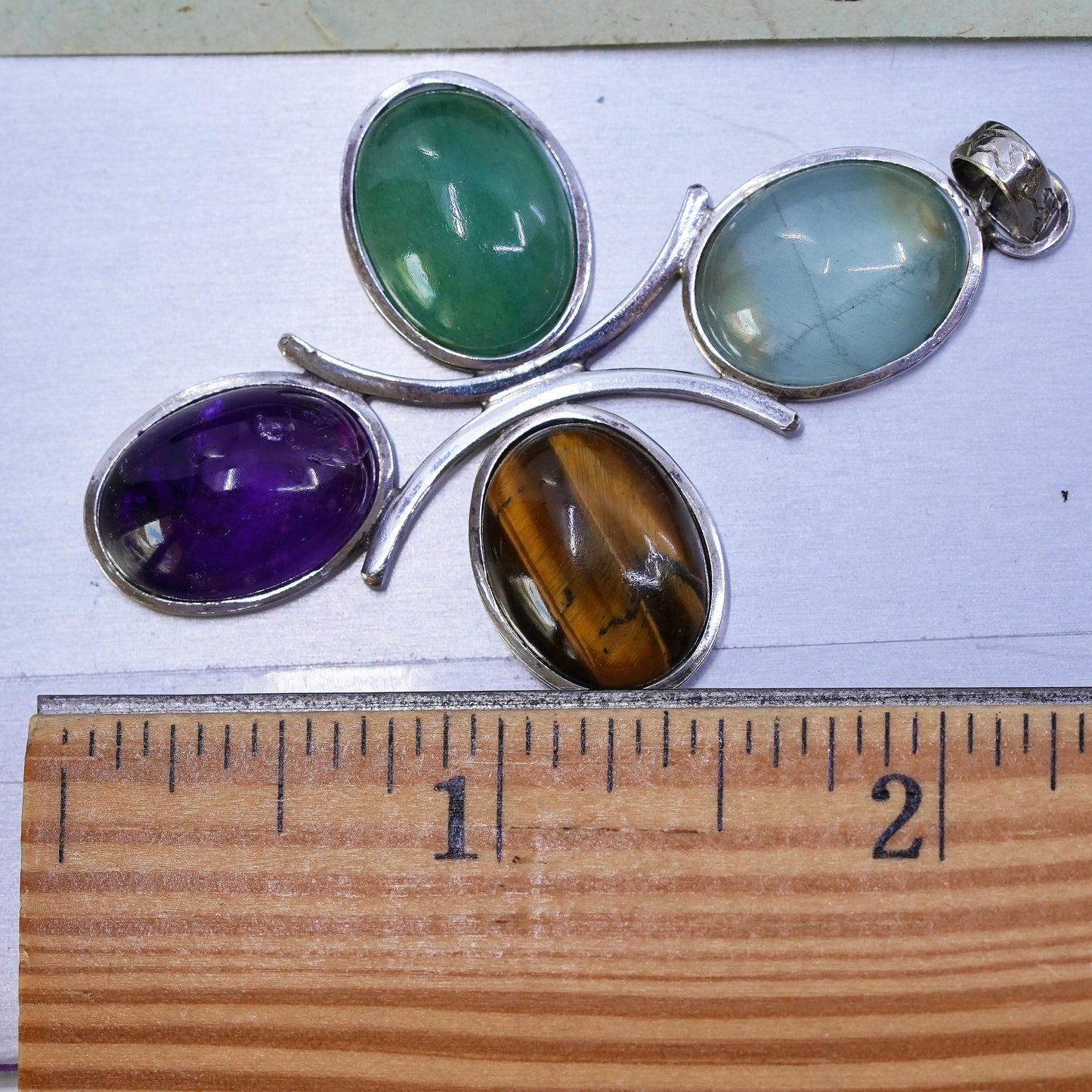 Southwestern sterling silver pendant, 925 cross jade golden tiger eye amethyst