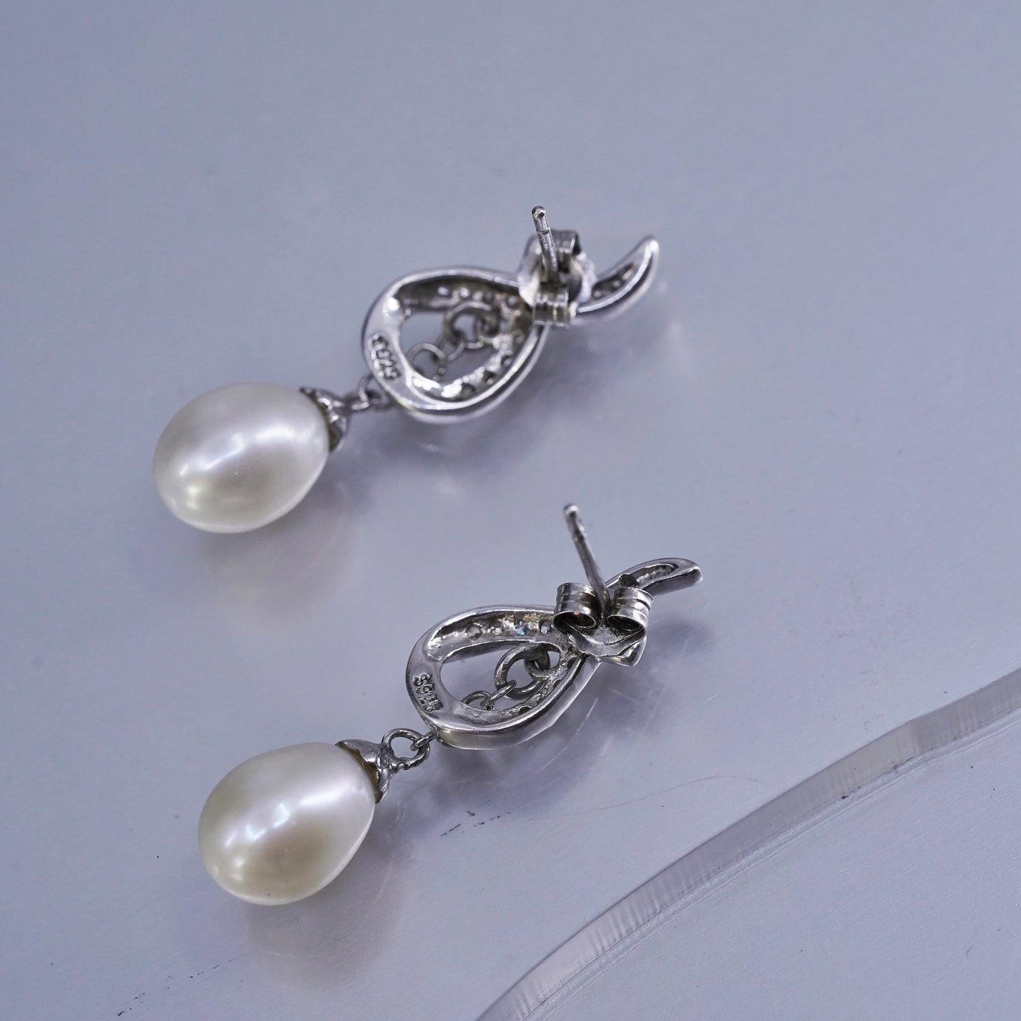 Vintage Sterling 925 silver handmade earrings with teardrop pearl and Cz