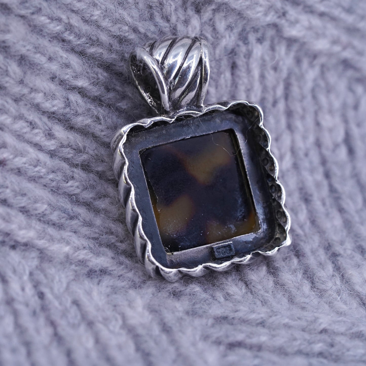 Vintage sterling 925 silver handmade square pendant with amber