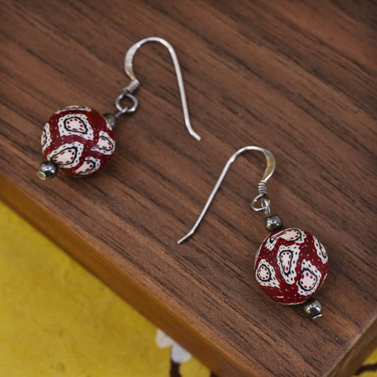Vintage Sterling 925 silver handmade earrings with red textured beads