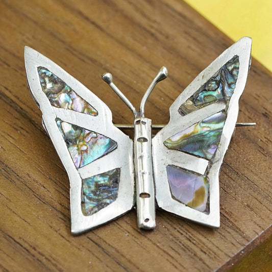 vtg Art Deco southwestern sterling 925 silver butterfly brooch abalone inlay