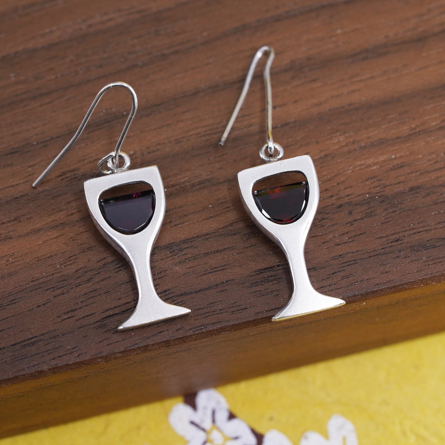 Vintage Sterling silver handmade earrings, 925 red wine glass dangles