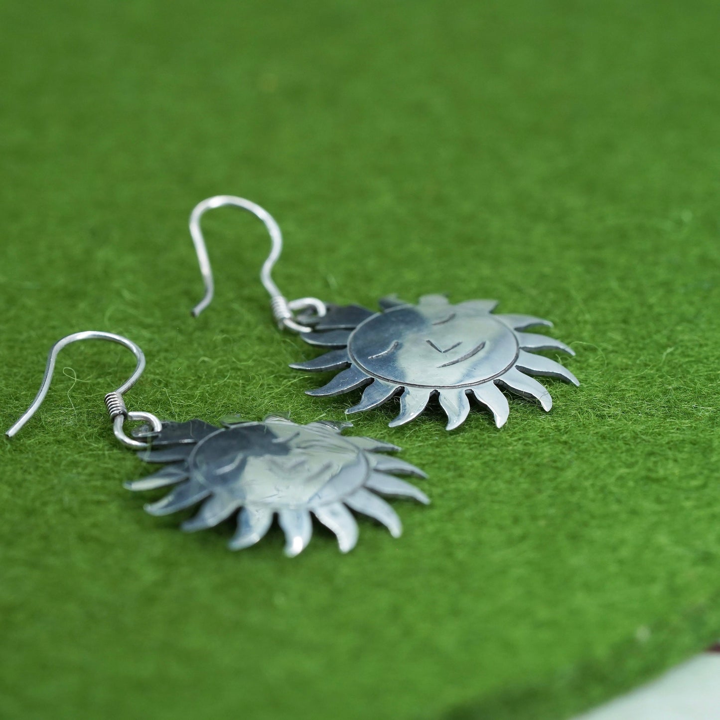 Sterling silver handmade earrings, Mexico 925 silver analog man sun face drops