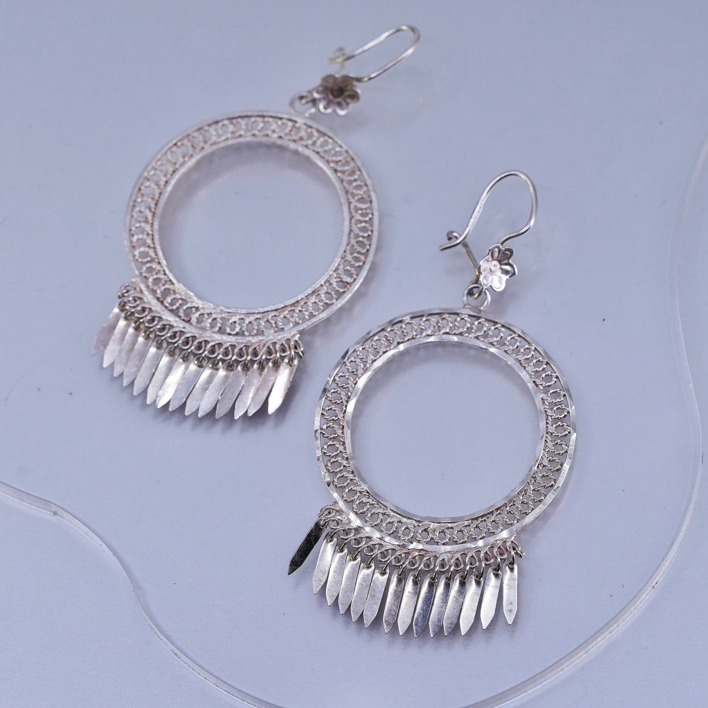 Vintage Sterling 925 silver filigree circle earrings with fringe dangles