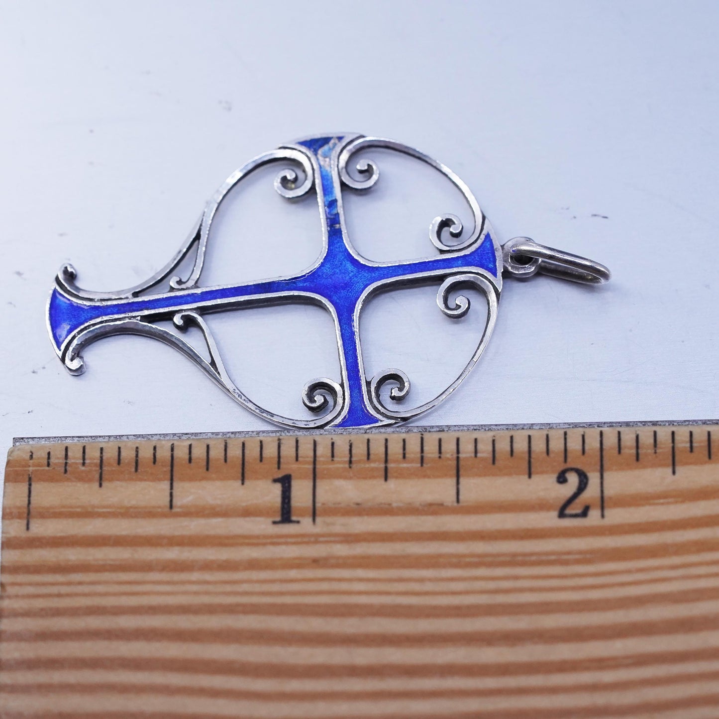 Ottaviani Jewelry, Vintage 1970s sterling 925 silver cross pendant blue enamel