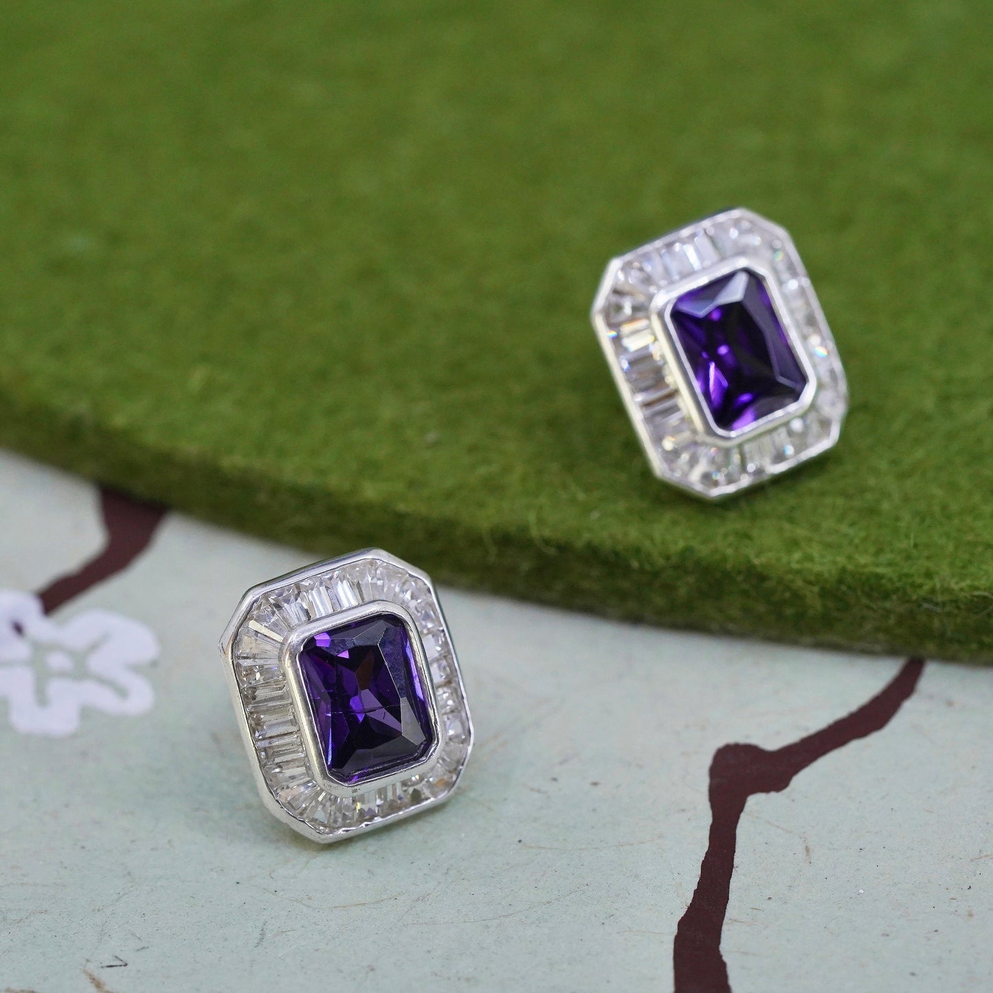 Vintage sterling silver earrings, 925 studs with emerald cut amethyst and cz